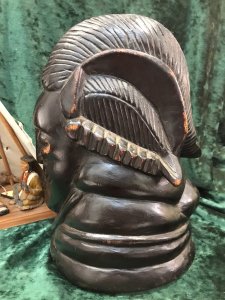 Historic 19th Century Carved Wood Red Chief Indian Head ‘Big Chief Sitting Bull’ Carved Chief Indian Head With Shaped Hair With Horn Like Ears And Detailed Facial Features. Carved And Hollowed Out From A Soft Wood Tree Trunk. Believed To Be Pine With Ebony Dyed Surface. Object Of Interest We Are Unsure Of The Tribe Please Research Before Purchase Provenance Purchased From Wyoming USA Dimensions In Inches Height Width Depth Weight Approx