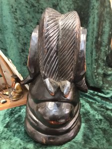 Historic 19th Century Carved Wood Red Chief Indian Head ‘Big Chief Sitting Bull’ Carved Chief Indian Head With Shaped Hair With Horn Like Ears And Detailed Facial Features. Carved And Hollowed Out From A Soft Wood Tree Trunk. Believed To Be Pine With Ebony Dyed Surface. Object Of Interest We Are Unsure Of The Tribe Please Research Before Purchase Provenance Purchased From Wyoming USA Dimensions In Inches Height Width Depth Weight Approx
