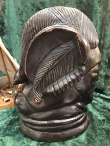 Historic 19th Century Carved Wood Red Chief Indian Head ‘Big Chief Sitting Bull’ Carved Chief Indian Head With Shaped Hair With Horn Like Ears And Detailed Facial Features. Carved And Hollowed Out From A Soft Wood Tree Trunk. Believed To Be Pine With Ebony Dyed Surface. Object Of Interest We Are Unsure Of The Tribe Please Research Before Purchase Provenance Purchased From Wyoming USA Dimensions In Inches Height Width Depth Weight Approx