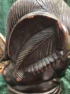 Historic 19th Century Carved Wood Red Chief Indian Head ‘Big Chief Sitting Bull’ Carved Chief Indian Head With Shaped Hair With Horn Like Ears And Detailed Facial Features. Carved And Hollowed Out From A Soft Wood Tree Trunk. Believed To Be Pine With Ebony Dyed Surface. Object Of Interest We Are Unsure Of The Tribe Please Research Before Purchase Provenance Purchased From Wyoming USA Dimensions In Inches Height Width Depth Weight Approx