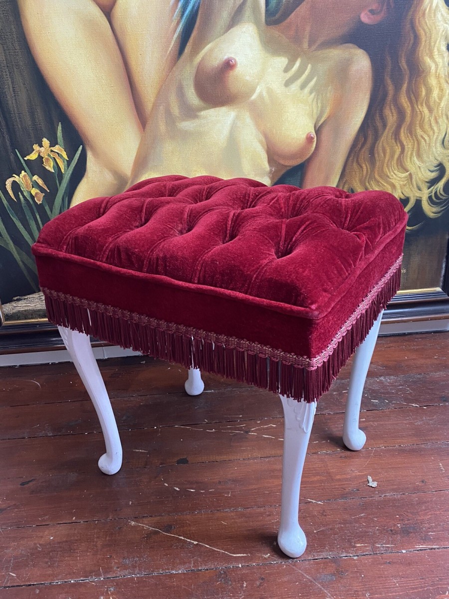 Primary image for Vintage Hollywood Glamour Red Velvet Deep Buttoned Boudoir Stool