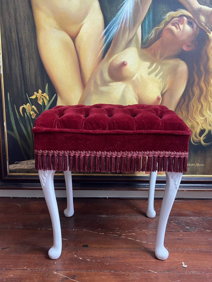 Vintage Hollywood Glamour Red Velvet Deep Buttoned Boudoir Stool