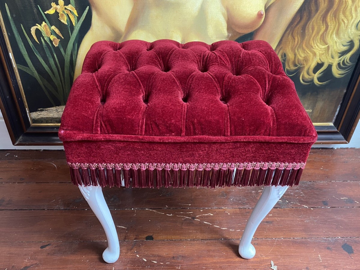 Vintage Hollywood Glamour Red Velvet Deep Buttoned Boudoir Stool