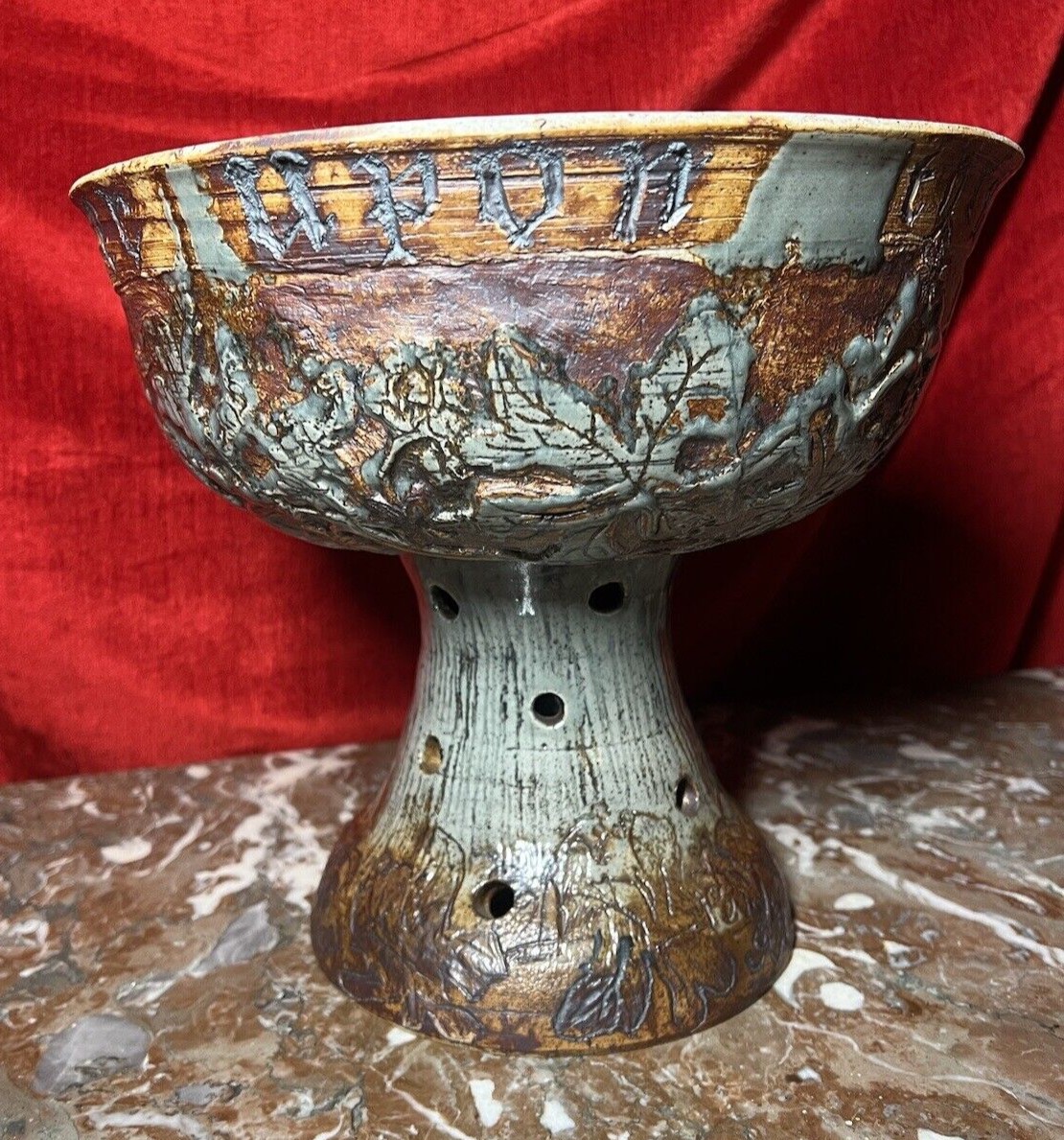 Large Cornish Studio Pottery 'good Cheer Upon This House' Fruit Bowl