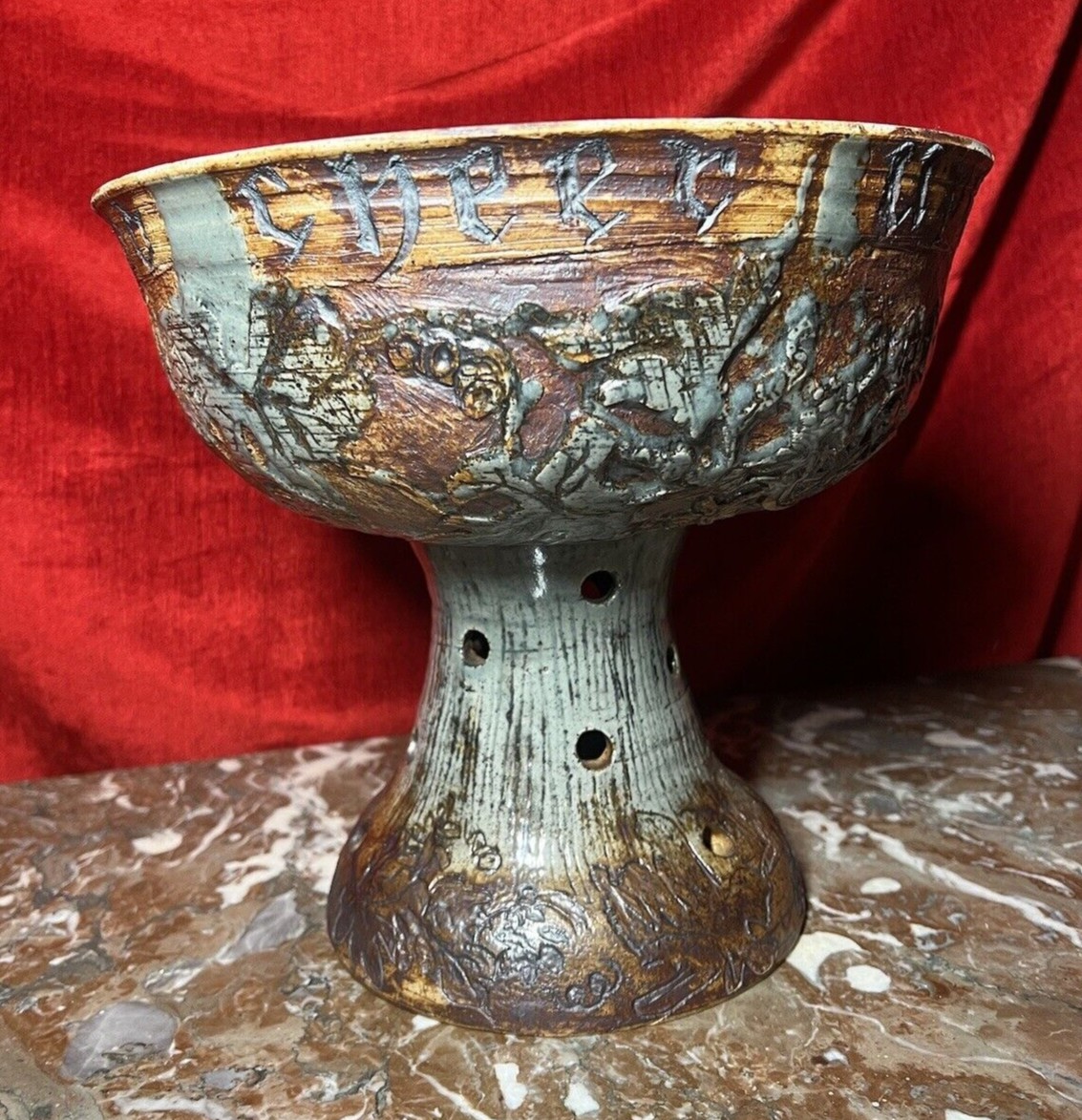 Large Cornish Studio Pottery 'good Cheer Upon This House' Fruit Bowl