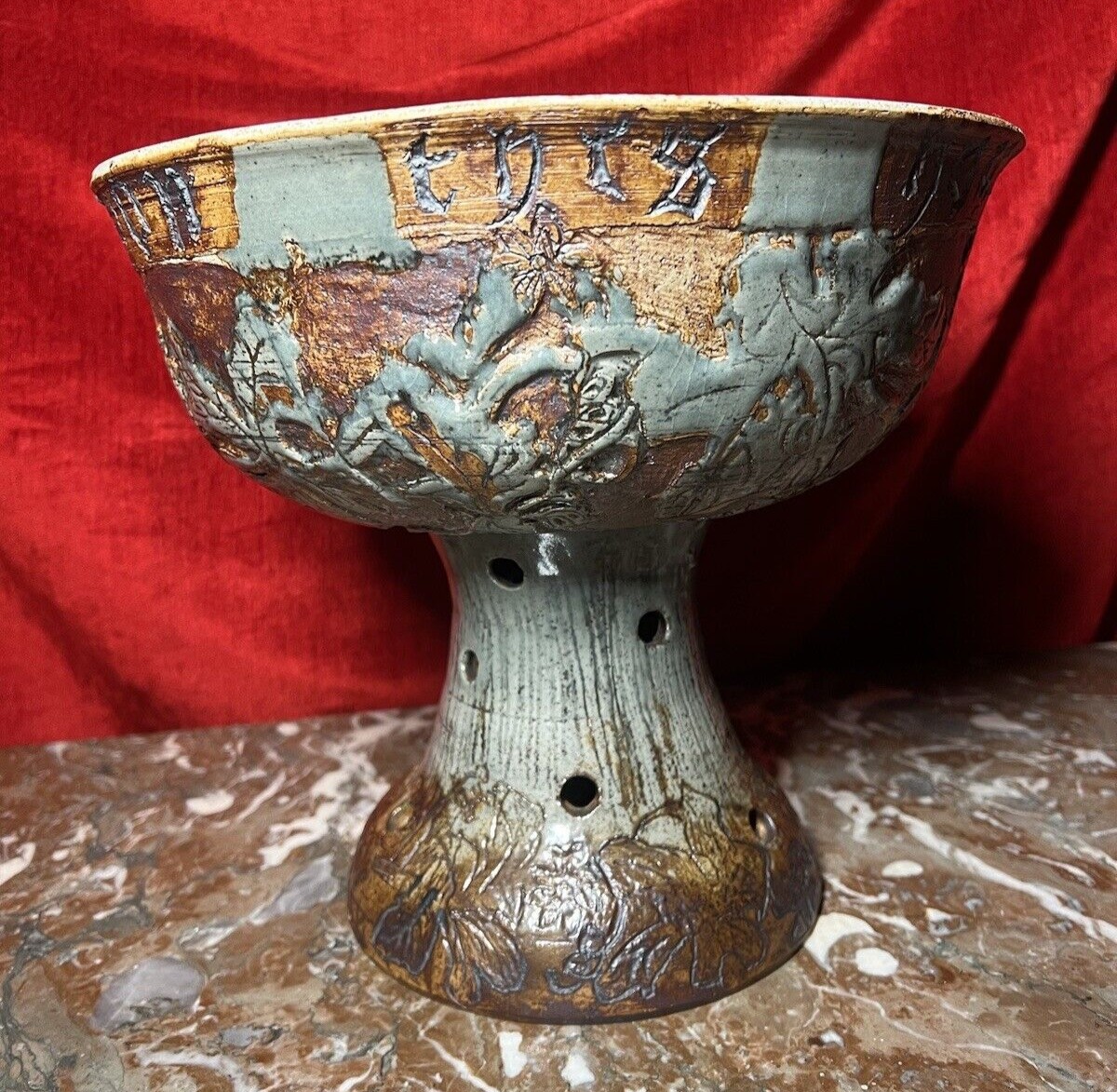 Large Cornish Studio Pottery 'good Cheer Upon This House' Fruit Bowl