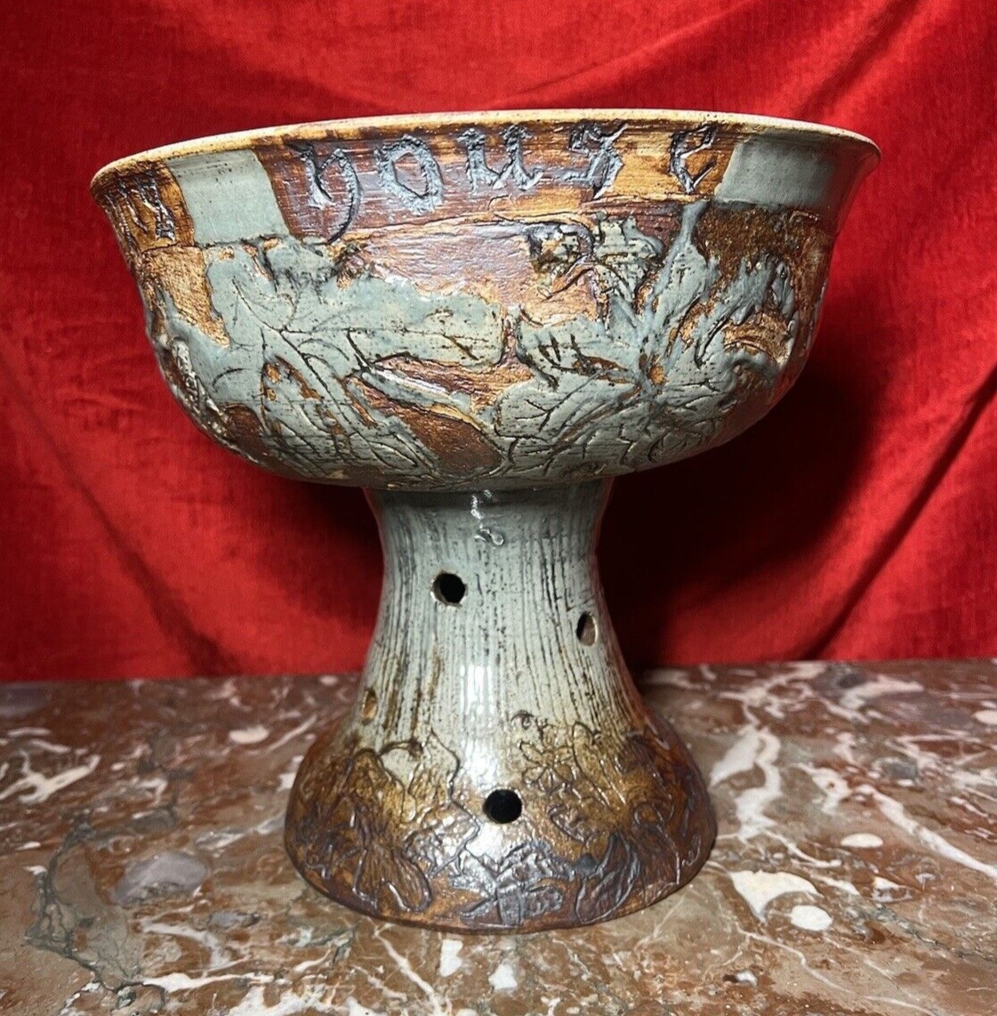 Large Cornish Studio Pottery 'good Cheer Upon This House' Fruit Bowl