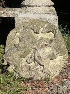 Rearing Stallion Garden Wall Plaque Composition- Reconstituted Stone Listing Description Large Circular Wall Plaque With Relief Image Of Rearing Stallions. Well Weathered Due To Age. Heavy Item 30Kg approx Dimensions In Cms Height 60cm x Width 58cm