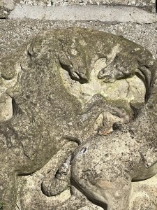 Rearing Stallion Garden Wall Plaque Composition- Reconstituted Stone Listing Description Large Circular Wall Plaque With Relief Image Of Rearing Stallions. Well Weathered Due To Age. Heavy Item 30Kg approx Dimensions In Cms Height 60cm x Width 58cm