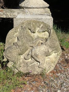 Rearing Stallion Garden Wall Plaque Composition- Reconstituted Stone Listing Description Large Circular Wall Plaque With Relief Image Of Rearing Stallions. Well Weathered Due To Age. Heavy Item 30Kg approx Dimensions In Cms Height 60cm x Width 58cm