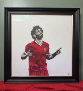 Contemporary Art Professional Footballer Mohamed Salah Liverpool FC Oil Painting Listing Description Contemporary Acrylic Portrait Framed Of Mohamed Salah Professional Premier League Liverpool FC Footballer Player. Mohamed Salah Is Regarded As One Of The Best Football Players of His Generation And One Of The Greatest Wingers Of All Time. Salah Is A Popular Figures In The Realms Of Football, With An Estimated Wealth Of £90 Million From His Liverpool Contract And Endorsement Deals. The Painting Depicts Mohamed Salah Wearing His Liverpool Football Kit, Both Hands Index Fingers Pointed Upwards In A Celebratory Pose. Artwork Painted By Fellow Liverpudlian Artist Sidney Jarret And Monogrammed SJ Right Bottom Corner. Signed And Dated by Artist On Reverse Also. (Brief Artist Bio On Reverse.) A Stunning Piece Of Liverpool Football Memorabilia, A True Collectors Item. Dimensions In Cms Height 73cm X Width 73cm For Further Information Please Call The Museum Curator On 07707 488566 Thank-You.