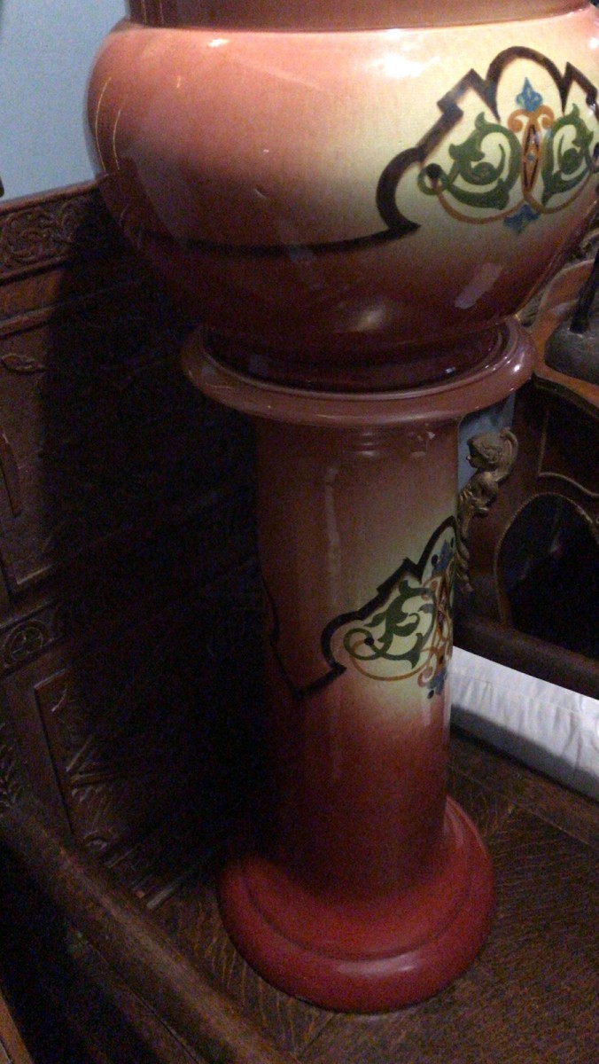 Primary image for Moorcroft Style Edwardian Maroon Ombré Drip Glaze Floral Jardinière On Stand