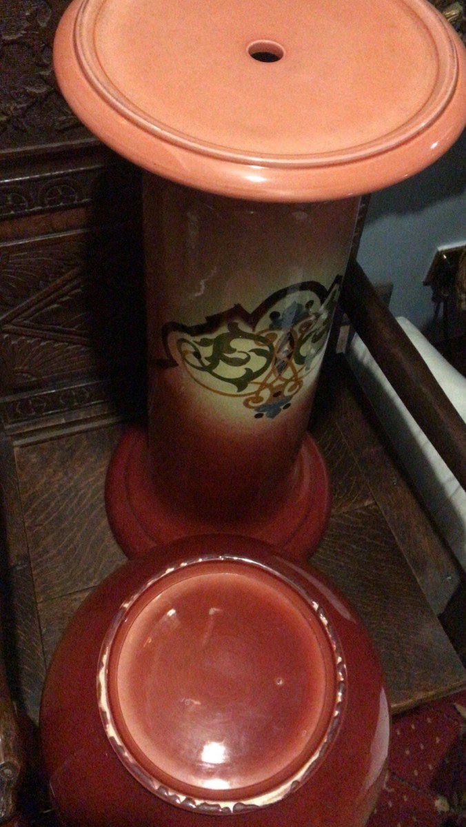 Moorcroft Style Edwardian Maroon Ombré Drip Glaze Floral Jardinière On Stand