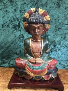Asian Hand Carved Wood Painted Budda Statue Hand Carved Temple Figure Gilded And Painted Over Hardwood Stunning Colouration In Red, Green And Gold Paint Stunning Head Piece With Open Hands Most Usual Item Stunning Quality Base Not Included Dimensions In Inches Height 13.5” Width 9.5” Depth 5” Weight Approx 1Kg