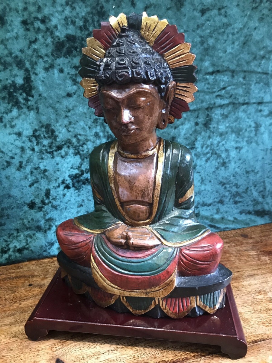 Asian Hand Carved Wood Painted Budda Statue