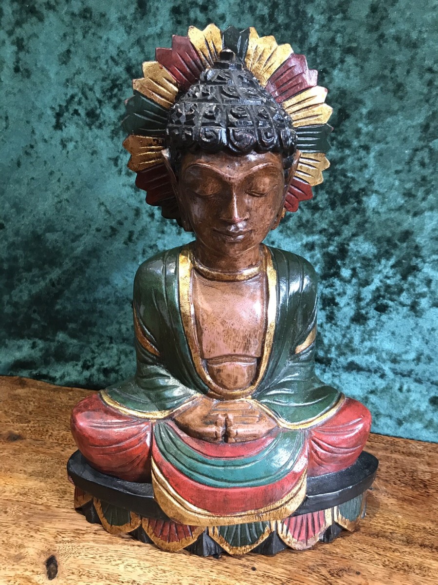 Asian Hand Carved Wood Painted Budda Statue