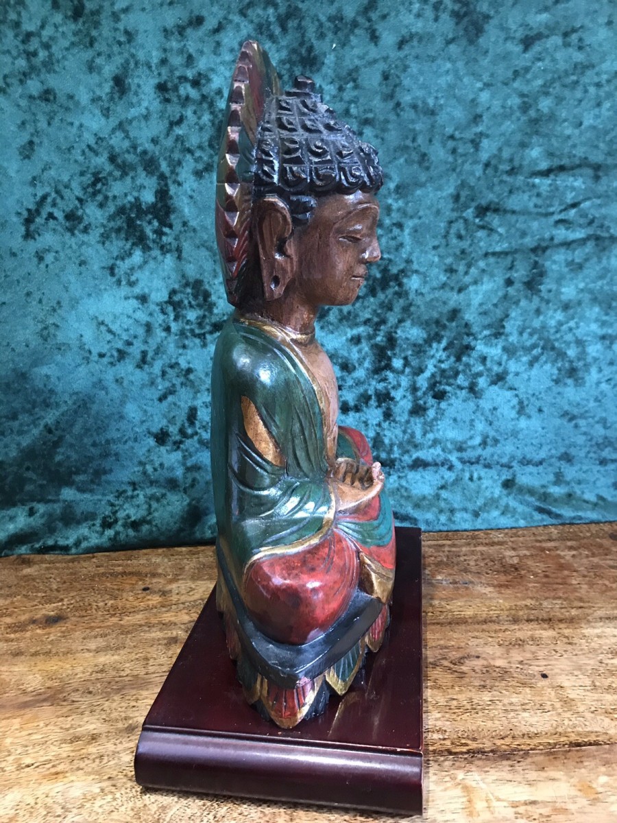 Asian Hand Carved Wood Painted Budda Statue