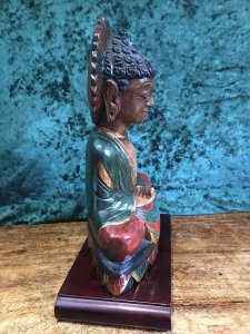 Asian Hand Carved Wood Painted Budda Statue Hand Carved Temple Figure Gilded And Painted Over Hardwood Stunning Colouration In Red, Green And Gold Paint Stunning Head Piece With Open Hands Most Usual Item Stunning Quality Base Not Included Dimensions In Inches Height 13.5” Width 9.5” Depth 5” Weight Approx 1Kg