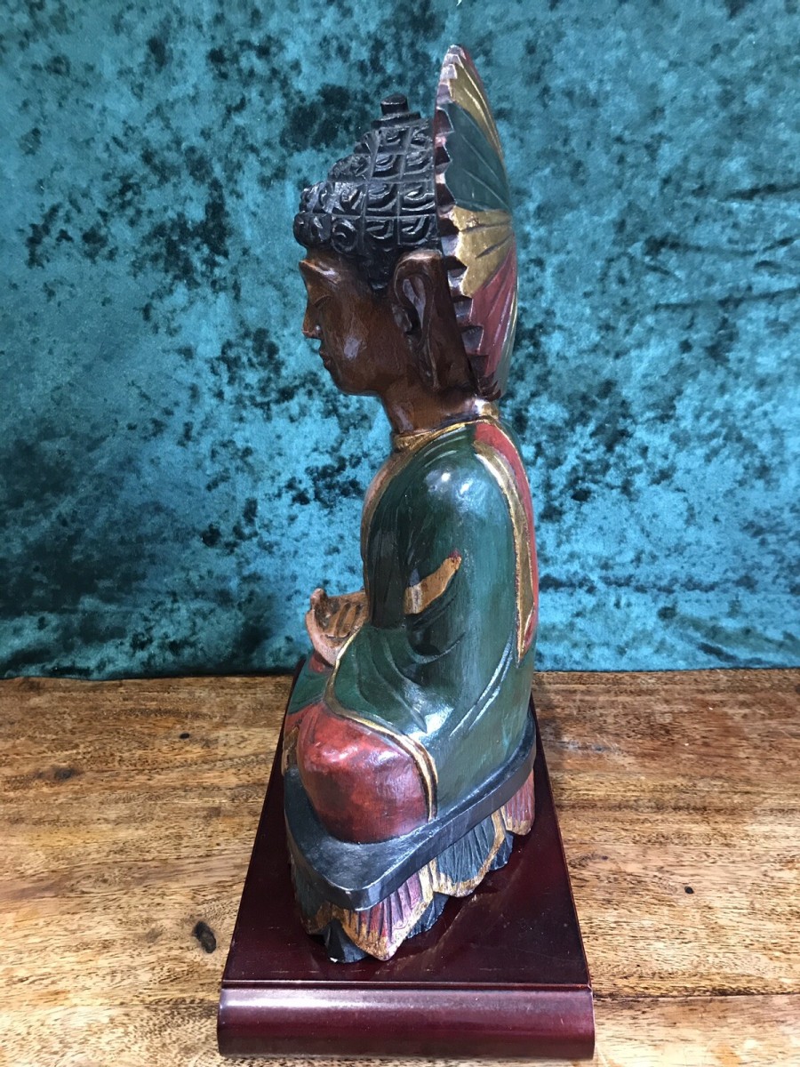 Asian Hand Carved Wood Painted Budda Statue