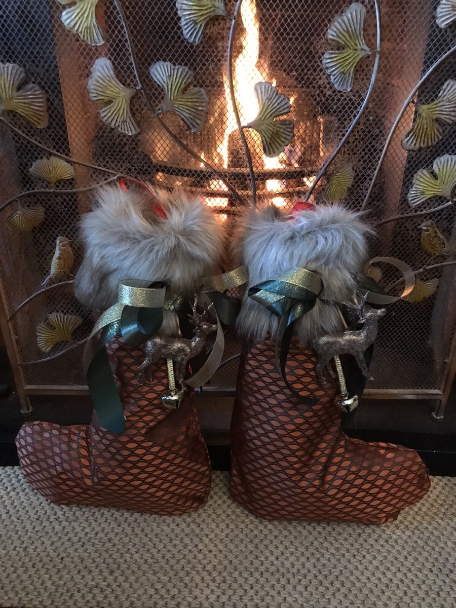 Primary image for Designer Pair Of Copper Silk Taffeta And Faux Fur Trim Christmas Stockings