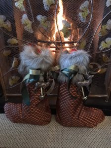 Luxury Designer Pair Of Copper and Chocolate Patterned Silk Taffeta And Faux Fur Trim With Reindeer Chrismas Stockings Brand New Handmade In The Uk Luxury Copper And Chocolate Patterned Silk Taffeta Fabric Chocolate Satin Lining Deep Faux Fur Trim With Dark Green Satin Merry Christmas And Gold Organza Ribbon Bows, Reindeer And Gold Bells Red Ribbon Hanging Hooks 4” Most Luxury Stockings You Will Find Designer Made One Off Bespoke Stocking You Will Not Find These In The Shops Fill With All Your Christmas Presents And Hang On Your Mantlepiece Exceptional Quality Stocking Made In the Finest Fabric And Trimmings Fabulous Presents Or Decorations Dimensions In Inches Height 19” Top Width 8” Bottom Width 13” Faux Fur Trim Depth 6”