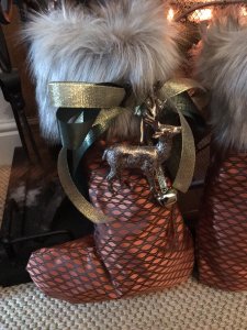 Luxury Designer Pair Of Copper and Chocolate Patterned Silk Taffeta And Faux Fur Trim With Reindeer Chrismas Stockings Brand New Handmade In The Uk Luxury Copper And Chocolate Patterned Silk Taffeta Fabric Chocolate Satin Lining Deep Faux Fur Trim With Dark Green Satin Merry Christmas And Gold Organza Ribbon Bows, Reindeer And Gold Bells Red Ribbon Hanging Hooks 4” Most Luxury Stockings You Will Find Designer Made One Off Bespoke Stocking You Will Not Find These In The Shops Fill With All Your Christmas Presents And Hang On Your Mantlepiece Exceptional Quality Stocking Made In the Finest Fabric And Trimmings Fabulous Presents Or Decorations Dimensions In Inches Height 19” Top Width 8” Bottom Width 13” Faux Fur Trim Depth 6”