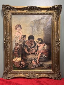 Spanish School Oil Painting After Bartolome Esteban Murillo Titled "Die Kuchenesser" Circa - 20th Century Dated 1979 Composition - Oil On Canvas Artwork Title - ' Peasant Boys Playing Dice' Brief Artist History - Bartolomé Esteban Murillo (December 1617 - April 1682) Spanish Baroque Artist And Youngest Son Of A Family Of 14. Married In 1645 His Wife And Daughter Became The Subjects Of Two Of His Earliest Portraits 'The Virgin Of The Rosary' & Madonna And Child'. His Early Works Combine 16th Century Italian Mannerism And Flemish Realism. The Leading Painter In Seville In The Later 17th Century, He Remained One Of The Most Admired And Popular Of All European Artists In The 18th And Early 19th Centuries. Best Known For Religious Artworks, Murillo Also Produced A Number Of Paintings Of Contemporary Women And Children. These Lively, Realist Portraits Of Flowers Girls, Street Urchins, And Beggars Constituted An Extensive Record Of The Everyday Life Of His Times. Listing Description Original 20th Century Large Spanish School Oil Painting After Spanish Baroque Master Bartolome Esteban Murillo (1617-1682) Fabulous Quality Detailed Street Scene With Three Pheasants Boys. Two Boys Sitting Playing Dice And A Standing Boy Eating Bread With Gazing Dog. Artwork Painted In Fine Brushwork By Accomplished Hand. Signed in Bottom Right Corner Monogrammed CW 1972. Set In Ornate Gilt Wood Frame. Dimensions In Inches Height 35.5" X Width 27.5" For Further Information Please Call 07707 488 566 Thank-you