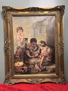 Spanish School Oil Painting After Bartolome Esteban Murillo Titled "Die Kuchenesser" Circa - 20th Century Dated 1979 Composition - Oil On Canvas Artwork Title - ' Peasant Boys Playing Dice' Brief Artist History - Bartolomé Esteban Murillo (December 1617 - April 1682) Spanish Baroque Artist And Youngest Son Of A Family Of 14. Married In 1645 His Wife And Daughter Became The Subjects Of Two Of His Earliest Portraits 'The Virgin Of The Rosary' & Madonna And Child'. His Early Works Combine 16th Century Italian Mannerism And Flemish Realism. The Leading Painter In Seville In The Later 17th Century, He Remained One Of The Most Admired And Popular Of All European Artists In The 18th And Early 19th Centuries. Best Known For Religious Artworks, Murillo Also Produced A Number Of Paintings Of Contemporary Women And Children. These Lively, Realist Portraits Of Flowers Girls, Street Urchins, And Beggars Constituted An Extensive Record Of The Everyday Life Of His Times. Listing Description Original 20th Century Large Spanish School Oil Painting After Spanish Baroque Master Bartolome Esteban Murillo (1617-1682) Fabulous Quality Detailed Street Scene With Three Pheasants Boys. Two Boys Sitting Playing Dice And A Standing Boy Eating Bread With Gazing Dog. Artwork Painted In Fine Brushwork By Accomplished Hand. Signed in Bottom Right Corner Monogrammed CW 1972. Set In Ornate Gilt Wood Frame. Dimensions In Inches Height 35.5" X Width 27.5" For Further Information Please Call 07707 488 566 Thank-you