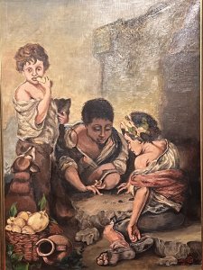 Spanish School Oil Painting After Bartolome Esteban Murillo Titled "Die Kuchenesser" Circa - 20th Century Dated 1979 Composition - Oil On Canvas Artwork Title - ' Peasant Boys Playing Dice' Brief Artist History - Bartolomé Esteban Murillo (December 1617 - April 1682) Spanish Baroque Artist And Youngest Son Of A Family Of 14. Married In 1645 His Wife And Daughter Became The Subjects Of Two Of His Earliest Portraits 'The Virgin Of The Rosary' & Madonna And Child'. His Early Works Combine 16th Century Italian Mannerism And Flemish Realism. The Leading Painter In Seville In The Later 17th Century, He Remained One Of The Most Admired And Popular Of All European Artists In The 18th And Early 19th Centuries. Best Known For Religious Artworks, Murillo Also Produced A Number Of Paintings Of Contemporary Women And Children. These Lively, Realist Portraits Of Flowers Girls, Street Urchins, And Beggars Constituted An Extensive Record Of The Everyday Life Of His Times. Listing Description Original 20th Century Large Spanish School Oil Painting After Spanish Baroque Master Bartolome Esteban Murillo (1617-1682) Fabulous Quality Detailed Street Scene With Three Pheasants Boys. Two Boys Sitting Playing Dice And A Standing Boy Eating Bread With Gazing Dog. Artwork Painted In Fine Brushwork By Accomplished Hand. Signed in Bottom Right Corner Monogrammed CW 1972. Set In Ornate Gilt Wood Frame. Dimensions In Inches Height 35.5" X Width 27.5" For Further Information Please Call 07707 488 566 Thank-you
