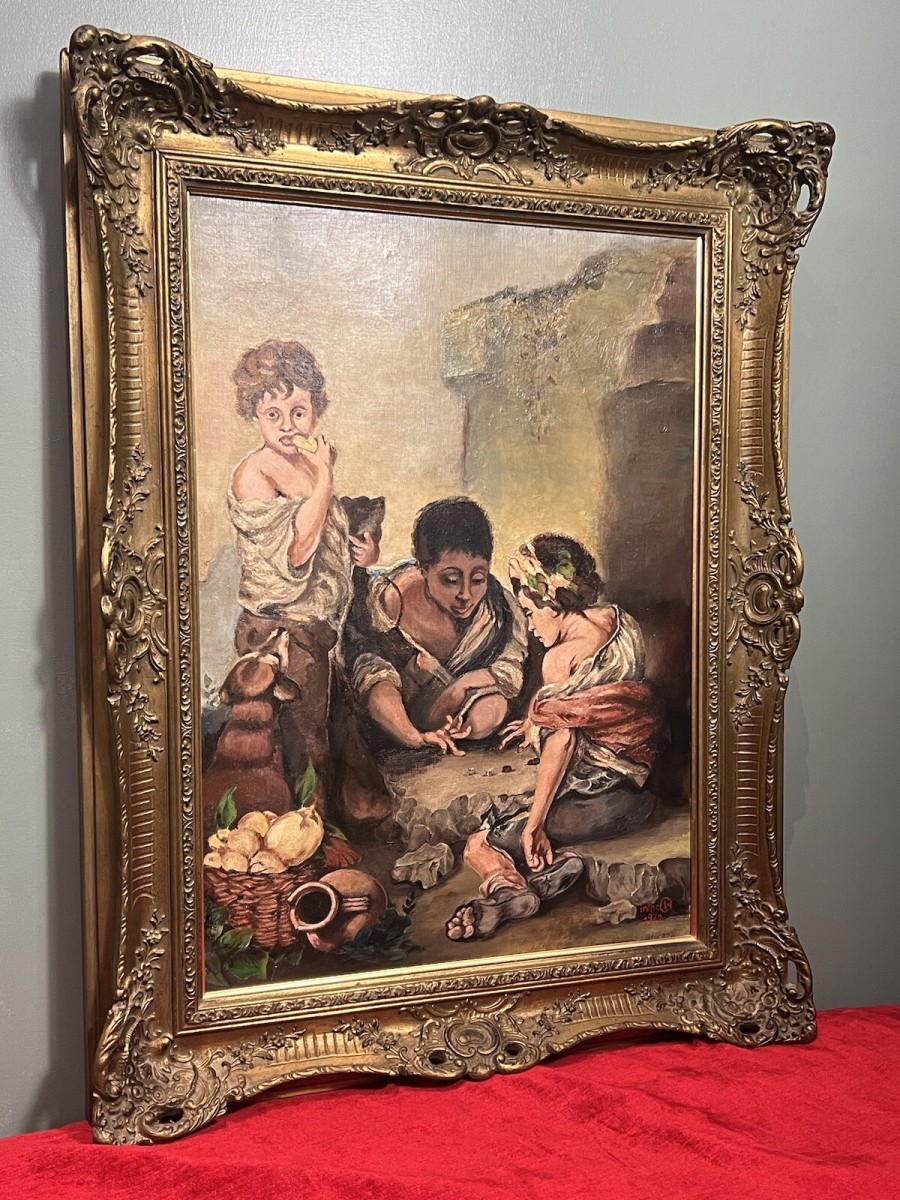 Spanish School Oil Painting After Bartolome Murillo's 'young Boys Playing Dice'