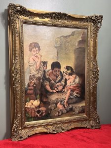 Spanish School Oil Painting After Bartolome Esteban Murillo Titled "Die Kuchenesser" Circa - 20th Century Dated 1979 Composition - Oil On Canvas Artwork Title - ' Peasant Boys Playing Dice' Brief Artist History - Bartolomé Esteban Murillo (December 1617 - April 1682) Spanish Baroque Artist And Youngest Son Of A Family Of 14. Married In 1645 His Wife And Daughter Became The Subjects Of Two Of His Earliest Portraits 'The Virgin Of The Rosary' & Madonna And Child'. His Early Works Combine 16th Century Italian Mannerism And Flemish Realism. The Leading Painter In Seville In The Later 17th Century, He Remained One Of The Most Admired And Popular Of All European Artists In The 18th And Early 19th Centuries. Best Known For Religious Artworks, Murillo Also Produced A Number Of Paintings Of Contemporary Women And Children. These Lively, Realist Portraits Of Flowers Girls, Street Urchins, And Beggars Constituted An Extensive Record Of The Everyday Life Of His Times. Listing Description Original 20th Century Large Spanish School Oil Painting After Spanish Baroque Master Bartolome Esteban Murillo (1617-1682) Fabulous Quality Detailed Street Scene With Three Pheasants Boys. Two Boys Sitting Playing Dice And A Standing Boy Eating Bread With Gazing Dog. Artwork Painted In Fine Brushwork By Accomplished Hand. Signed in Bottom Right Corner Monogrammed CW 1972. Set In Ornate Gilt Wood Frame. Dimensions In Inches Height 35.5" X Width 27.5" For Further Information Please Call 07707 488 566 Thank-you