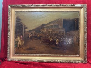 19th Century Fine Art Royal Ascot Grand Stand Opening Gold Cup Day Oil Painting After J F Herring Circa - 1843 Composition - Oil On Canvas Listing Description Wonderful 19th Century Oil Painting After J Frederick Herring Titled 'Grand Stand Gold Cup Day' The Scene Depicts The Opening Of The First Grandstand At Royal Ascot Racecourse. The Bustling Racetrack With Horses And Jockeys Racing For The Gold Cup. The Grandstand Filled With Hundreds Of Smartly Dressed Figures Carefully Watching The Race Unfold. An Exceptional Fine Art Investment for Horse Racing Enthusiast. Signed And Dated by Artist And Set In Original Gilt Wood Frame. Minor Gilding Missing On Frame Due To Age. Dimensions In Cms Height 67cm X Width 91cm