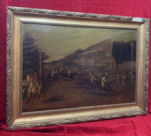 19th Century Fine Art Royal Ascot Grand Stand Opening Gold Cup Day Oil Painting After J F Herring Circa - 1843 Composition - Oil On Canvas Listing Description Wonderful 19th Century Oil Painting After J Frederick Herring Titled 'Grand Stand Gold Cup Day' The Scene Depicts The Opening Of The First Grandstand At Royal Ascot Racecourse. The Bustling Racetrack With Horses And Jockeys Racing For The Gold Cup. The Grandstand Filled With Hundreds Of Smartly Dressed Figures Carefully Watching The Race Unfold. An Exceptional Fine Art Investment for Horse Racing Enthusiast. Signed And Dated by Artist And Set In Original Gilt Wood Frame. Minor Gilding Missing On Frame Due To Age. Dimensions In Cms Height 67cm X Width 91cm