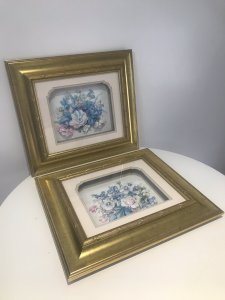 Fine Pair Crystal Porcelain Flower Sculpture Pictures Signed By The Artist Mary Brown Set In Stunning Gold Guilt Frames Vibrant Pastel Colours Pinks And Pale Blue Chrysanthemums Beautifully Arranged In An Inner Gothic Style Frame Brass Hinges Hook On Back To Hang Dimensions In Inches Height 15” Width 17”