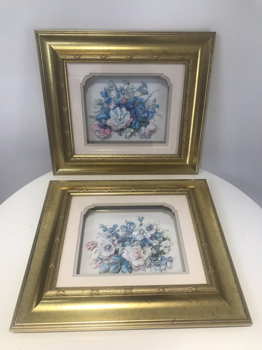 Fine Pair Crystal Porcelain Flower Ansamble Sculptures In Ornate Guilt Frames