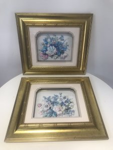 Fine Pair Crystal Porcelain Flower Sculpture Pictures Signed By The Artist Mary Brown Set In Stunning Gold Guilt Frames Vibrant Pastel Colours Pinks And Pale Blue Chrysanthemums Beautifully Arranged In An Inner Gothic Style Frame Brass Hinges Hook On Back To Hang Dimensions In Inches Height 15” Width 17”