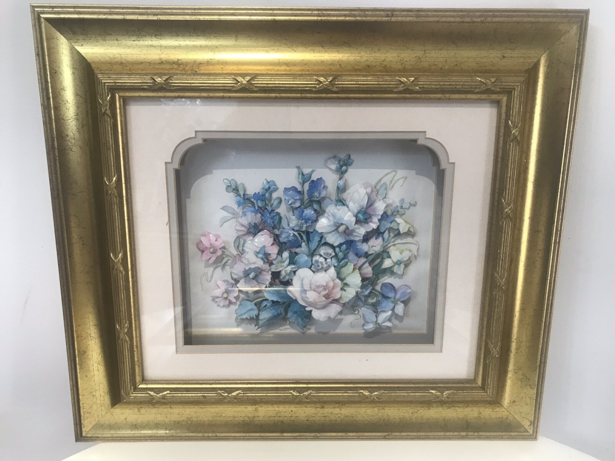 Fine Pair Crystal Porcelain Flower Ansamble Sculptures In Ornate Guilt Frames