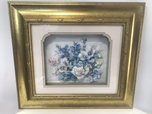 Fine Pair Crystal Porcelain Flower Sculpture Pictures Signed By The Artist Mary Brown Set In Stunning Gold Guilt Frames Vibrant Pastel Colours Pinks And Pale Blue Chrysanthemums Beautifully Arranged In An Inner Gothic Style Frame Brass Hinges Hook On Back To Hang Dimensions In Inches Height 15” Width 17”