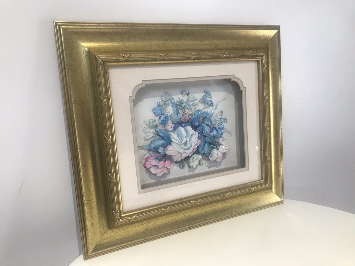 Fine Pair Crystal Porcelain Flower Ansamble Sculptures In Ornate Guilt Frames