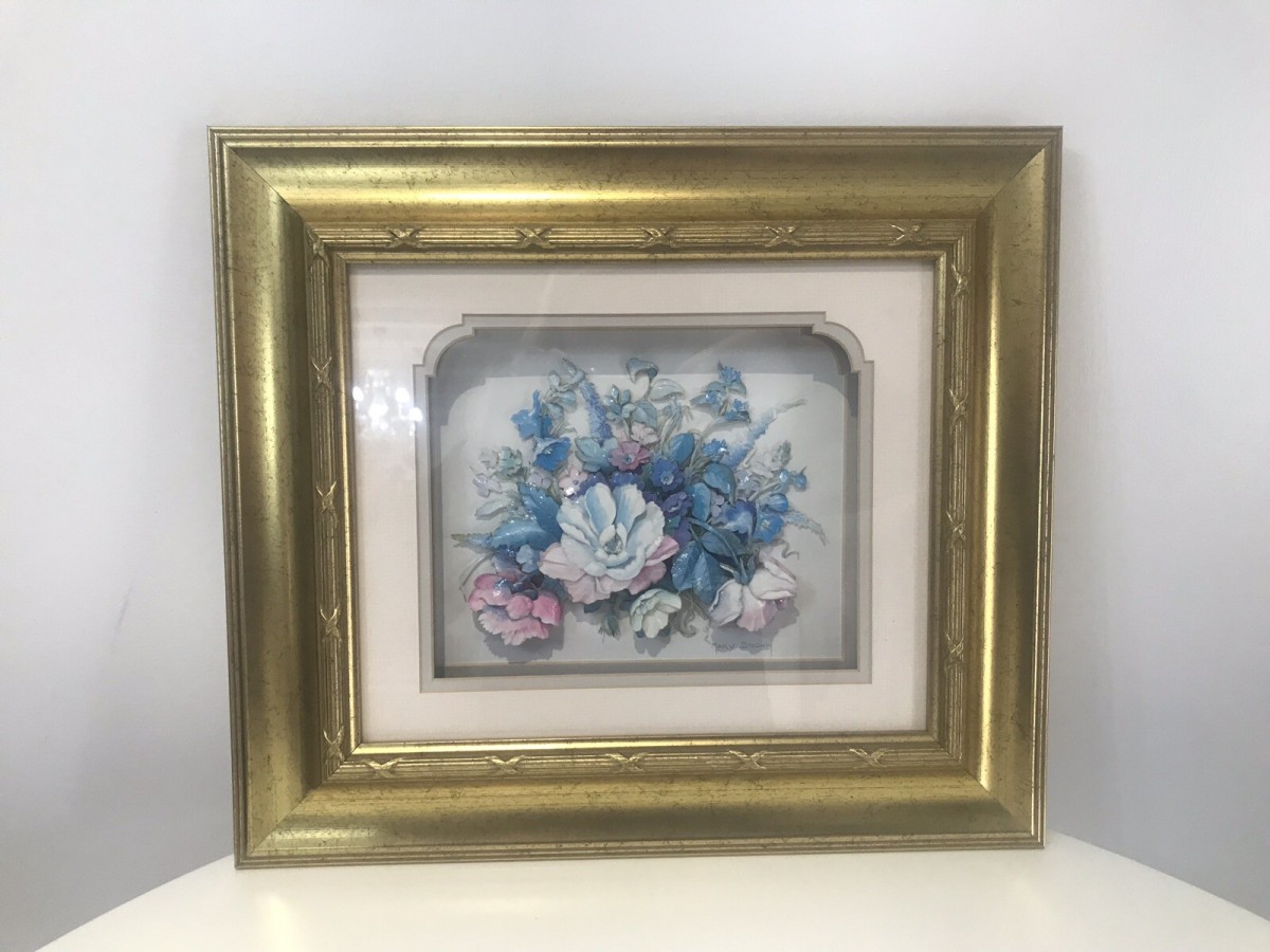 Fine Pair Crystal Porcelain Flower Ansamble Sculptures In Ornate Guilt Frames