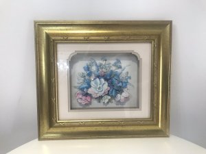 Fine Pair Crystal Porcelain Flower Sculpture Pictures Signed By The Artist Mary Brown Set In Stunning Gold Guilt Frames Vibrant Pastel Colours Pinks And Pale Blue Chrysanthemums Beautifully Arranged In An Inner Gothic Style Frame Brass Hinges Hook On Back To Hang Dimensions In Inches Height 15” Width 17”
