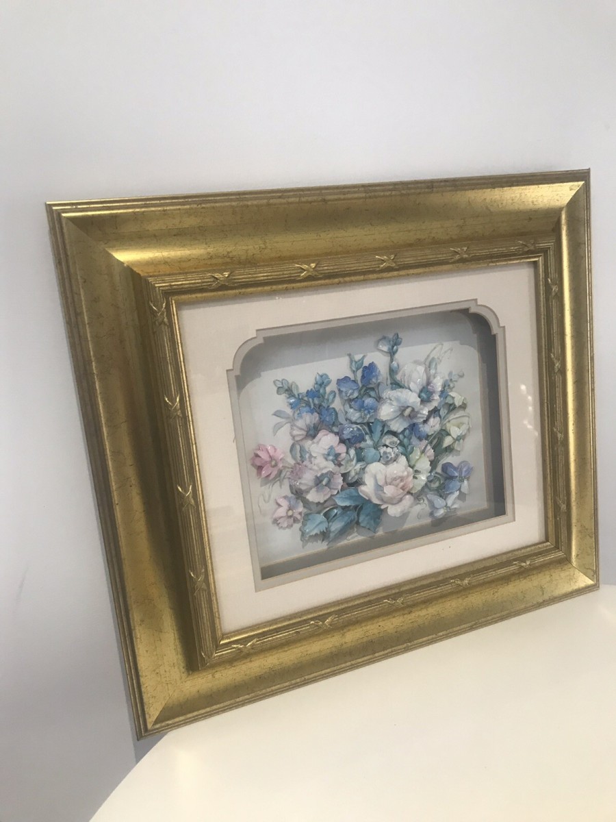 Fine Pair Crystal Porcelain Flower Ansamble Sculptures In Ornate Guilt Frames