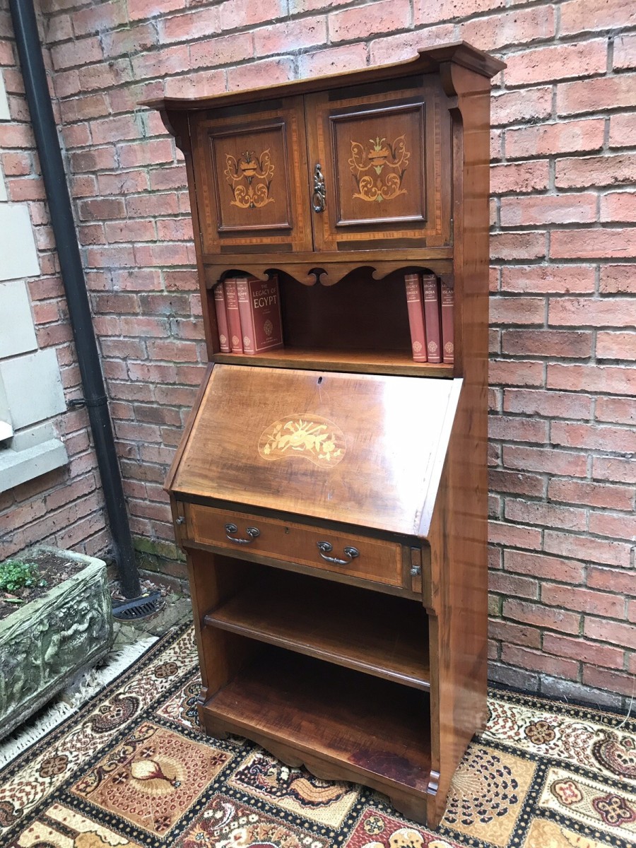 Fine Red Walnut Arts And Crafts Secretaire Bookcase