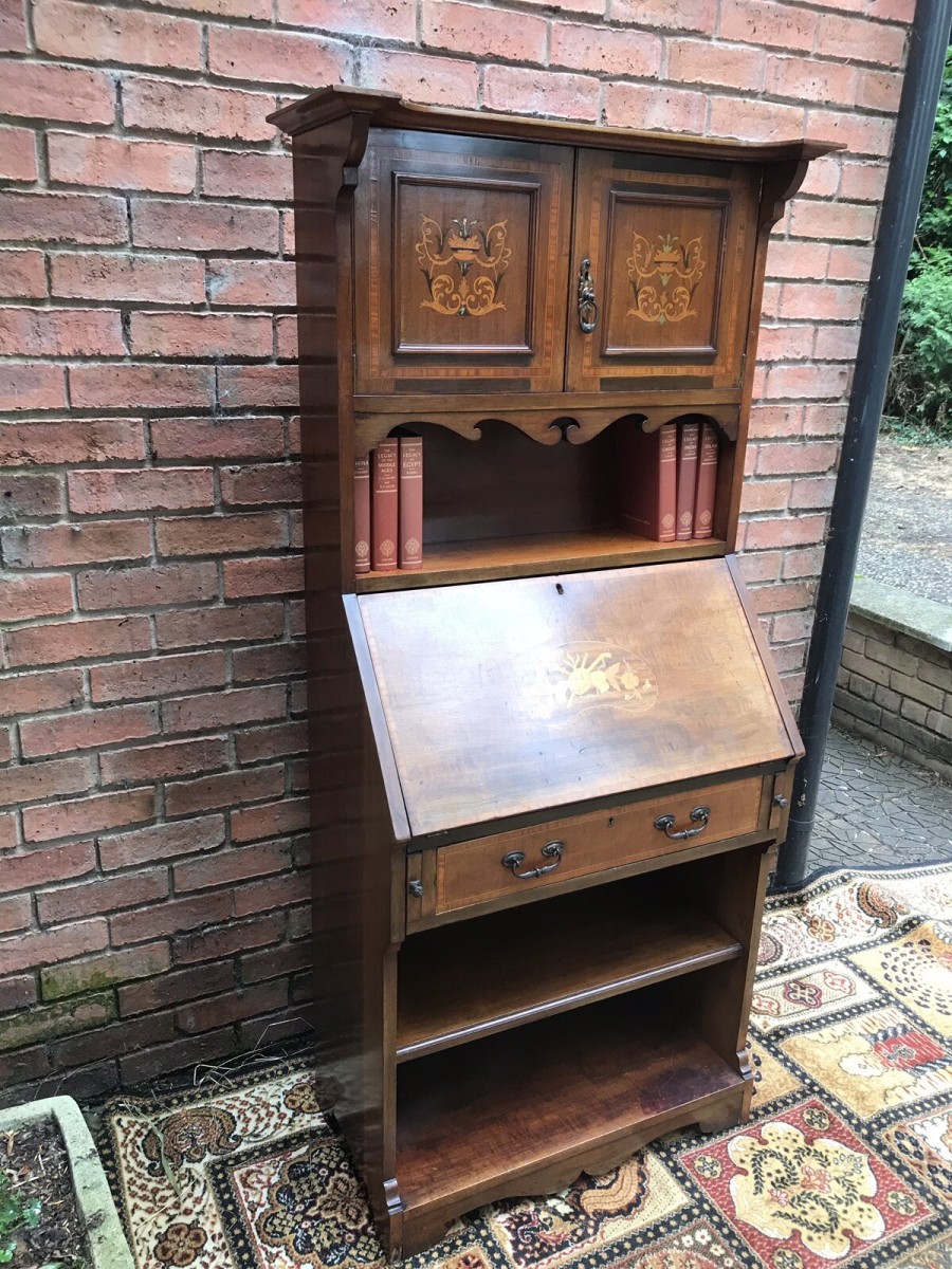 Fine Red Walnut Arts And Crafts Secretaire Bookcase