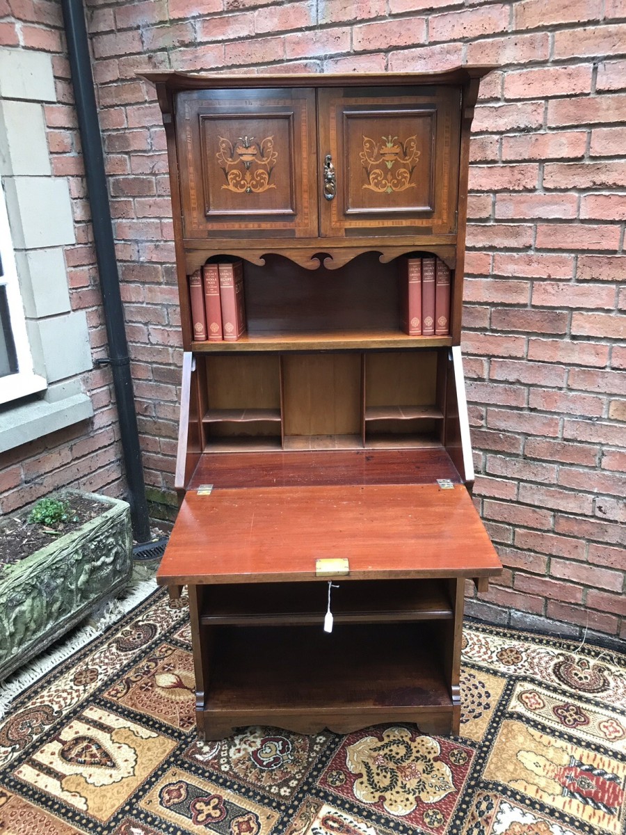 Fine Red Walnut Arts And Crafts Secretaire Bookcase