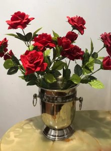 Reproduction Silver Plate Champagne Bucket with Mother Of Pearl Banding Classical Bulbous Shape With Drop Loop Handles An Curved Base Lovely Condition Dimensions In Inches Height 9” Diameter 22”