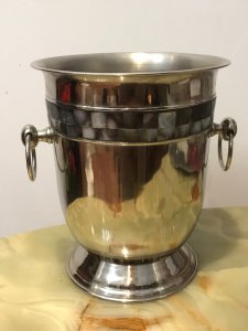 Reproduction Silver Plate Champagne Bucket with Mother Of Pearl Banding Classical Bulbous Shape With Drop Loop Handles An Curved Base Lovely Condition Dimensions In Inches Height 9” Diameter 22”