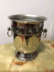 Reproduction Silver Plate Champagne Bucket with Mother Of Pearl Banding Classical Bulbous Shape With Drop Loop Handles An Curved Base Lovely Condition Dimensions In Inches Height 9” Diameter 22”