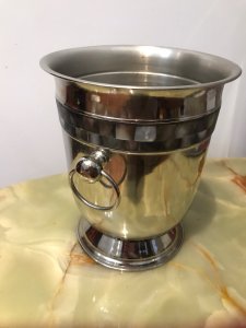 Reproduction Silver Plate Champagne Bucket with Mother Of Pearl Banding Classical Bulbous Shape With Drop Loop Handles An Curved Base Lovely Condition Dimensions In Inches Height 9” Diameter 22”