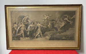 Classical Copper Plate Etching Titled Quadrijugis Invictus Equis Sol Aureus Exit After Guido Reni Production Date Circa 1787 Large Original Copper Plate Etching Depicting The Goddess Aurora Leading Apollo In His Chariot. Apollo Surrounded By Seven Goddesses Stands In His Chariot Pulled By A Pair Of Skewbald Horses With Winged Putti Holding A Torcheres. Breath Taking Etching Set Upon Clouds. Original Artwork By Guido Reni. British Museum Image Description; Aurora, flying scattering flowers leading Apollo in his chariot driving his horses. After the Fresco by Guido Reni in the Casa Rospigliosi. Inscription content: Lettered with four lines of verse, the first here quoted as title; with dedication to Prince Joseph Rospigliosi by Volpato and Morghen, and with producer names "Guidus Rheni pinx / Antonius Cavallucci delin. / Raphael Morghen sculp Romae" Gallery Stamp On The Reverse Reads ; Reading Fine Art Gallery & Restorers. Set In Glazed Wooden Frame With Tortoise Shell Veneer, Egg & Dart Gilt-work And Border. A Exceptional Piece Of Artwork. A Stunning Show Piece For Art Collector And Enthusiast. This Piece Would Be A Breath Taking Show Piece In A Living Room/ Hallway/ Dinning Area. Please Message For More Pictures And Information If Required. Condition - Antique Used Please Be Aware This Is A Antique Etching There Are Signs Of Wear And Deterioration To Frame. Minor Signs Of Damp And Discolouration To Etching Due To Age To Be Expected. Provenance Purchased From Private Collection 1932 Now Part Of Lord Hill Collection. Dimensions In Inches Height 25” Width 41” Depth 1 1/4”